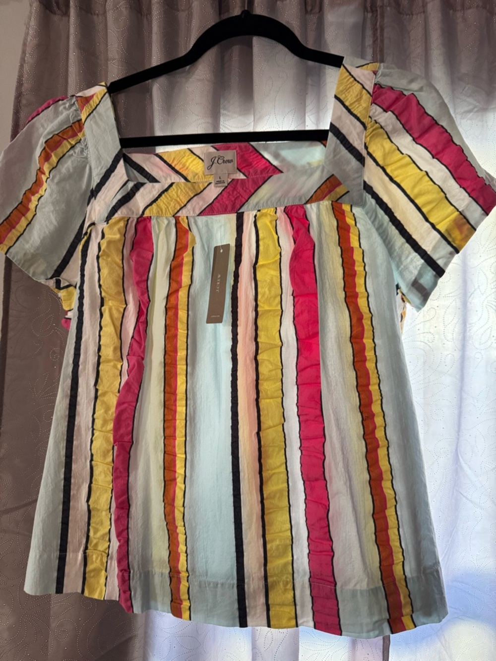 J. Crew Multicolor Striped Square-Neck Top — Pink, Yellow, Light Blue, Black